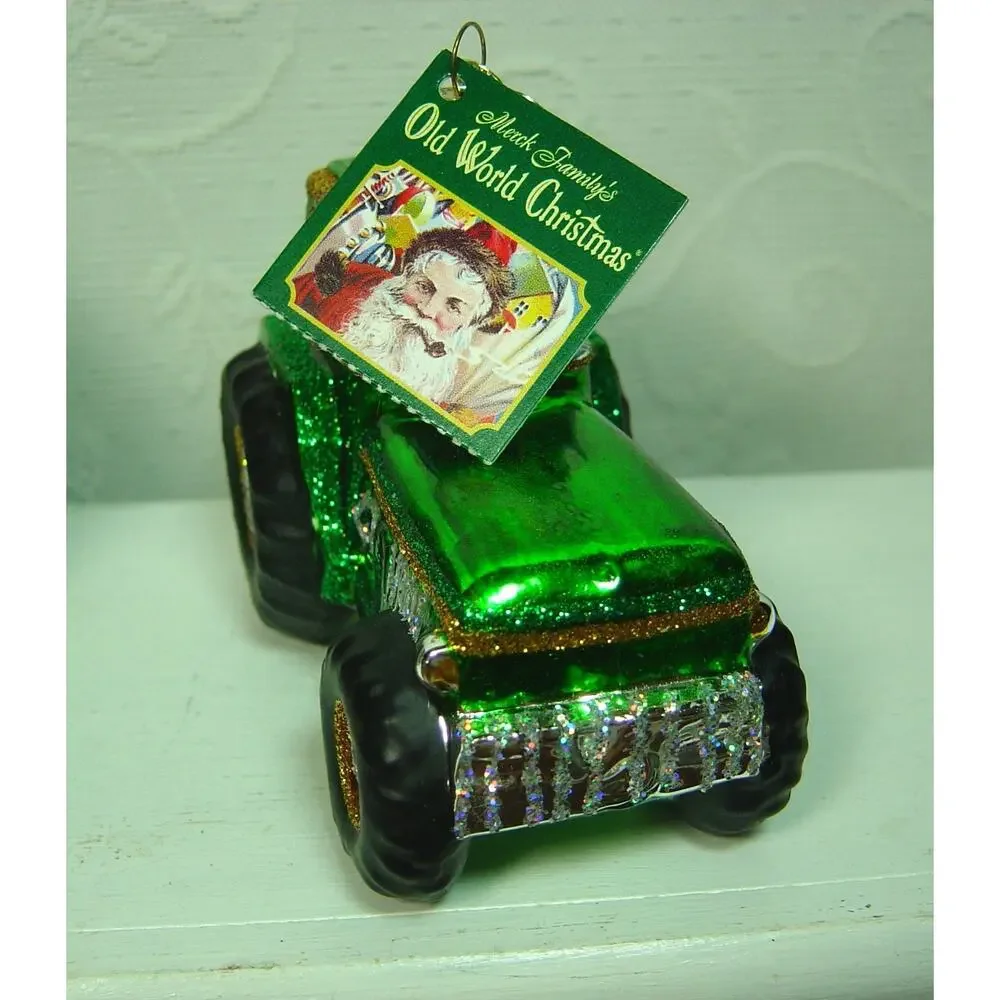 MERCK FAMILY OLD WORLD CHRISTMAS BLOWN GLASS GREEN TRACTOR ORNAMENT